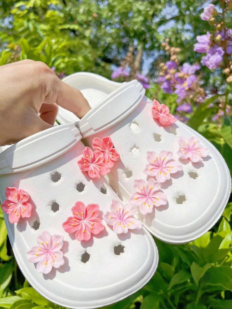 10pcs DIY Shoe Accessories, Pink And Magenta Peach Blossom Floral Decorations, Suitable For Beach Shoes, Sandals, Hollow Wooden Clogs, Detachable Shoe Buckles, Holiday Gifts
